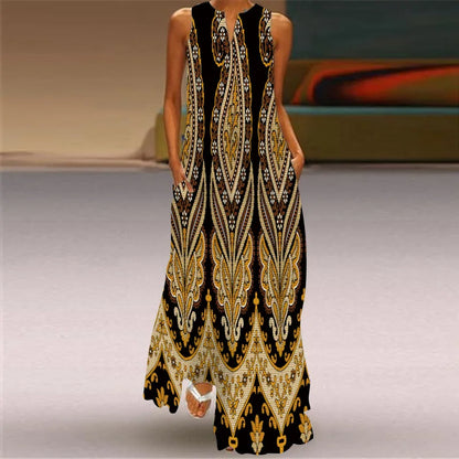 Vintage Boho Maxi Dress - Women's Summer V Neck Sleeveless Long Sundress with Pockets