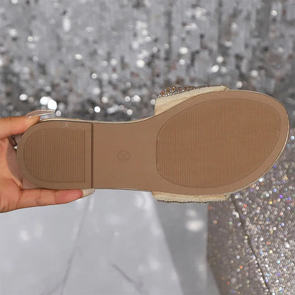 Women’s Silver Crystal Flat Slippers – Plus Size Comfortable Summer Beach Shoes