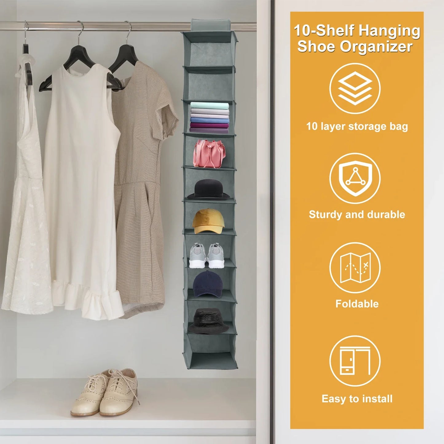 10-Layer Foldable Hanging Shoe Organizer – Non-Woven Space-Saving Shoe Rack for Home Bedroom Closet