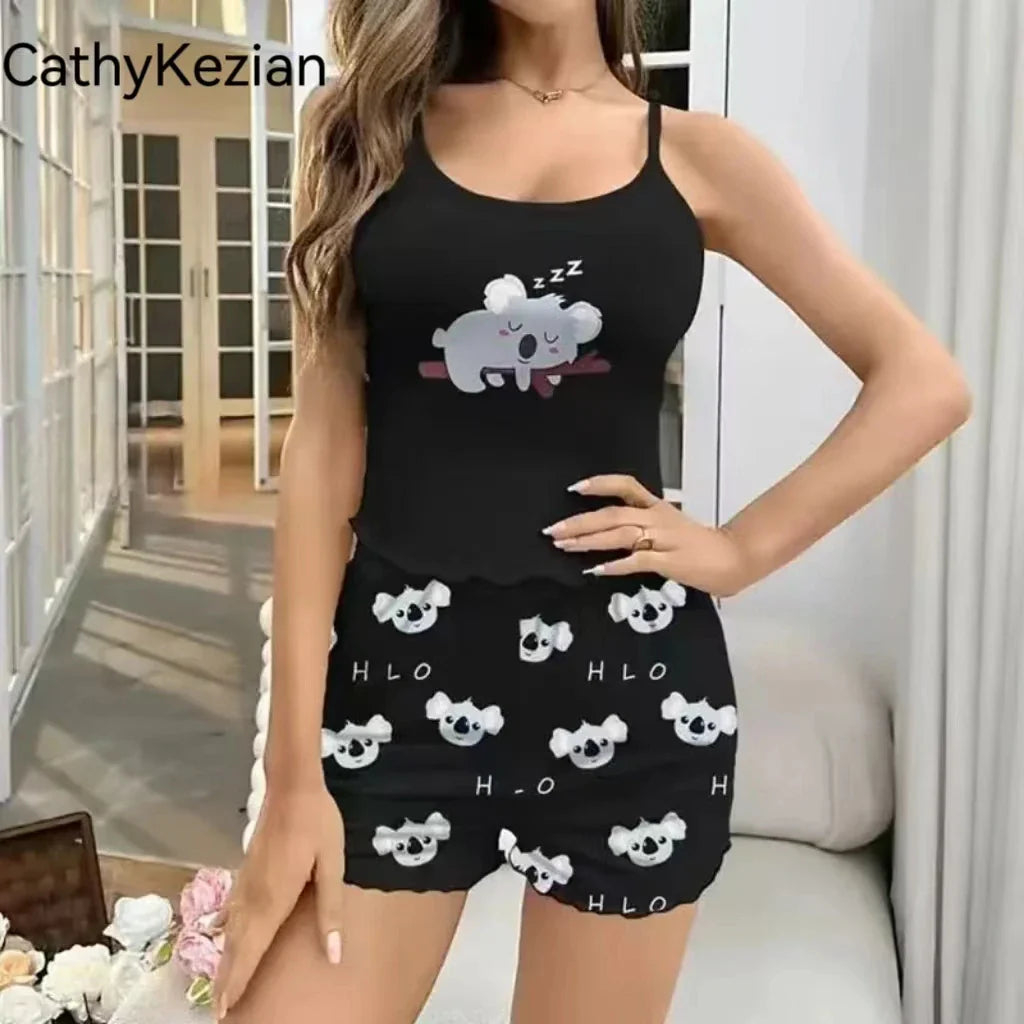 Women’s Printed Pajama Set – Sports Camisole & Shorts Sleepwear, Soft & Breathable Loungewear