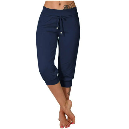 Women’s Cotton Linen Jogger Capris - Solid Color Summer Casual Pants with Double Pockets for Beach & Vacation Wear