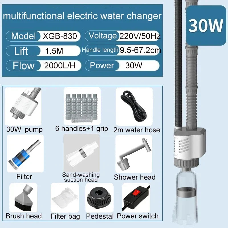Electric Aquarium Water Change Pump - 30W Fish Tank Gravel Cleaner with Siphon Vacuum Filter for Easy Maintenance