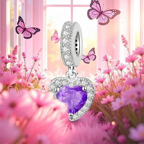 925 Sterling Silver Pink Heart Charm - Zircon Love Pendant Bead for DIY Bracelets, Bangles & Women’s Jewelry