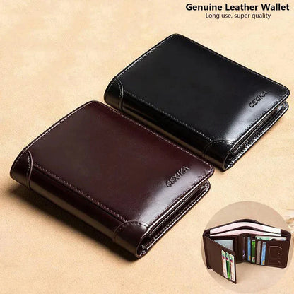 Men’s Genuine Leather RFID Blocking Trifold Wallet – Business Short Wallet with ID Window & Credit Card Holder Slim Men’s Purse Wallet