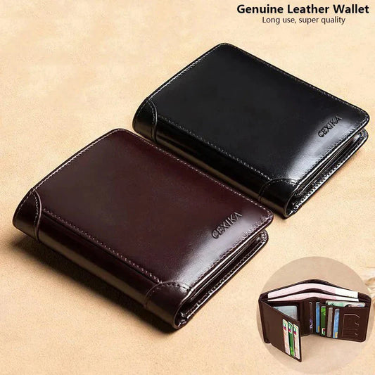 Men’s Genuine Leather RFID Blocking Trifold Wallet – Short Business Wallet with ID Window & Credit Card Holder Slim Men’s Purse