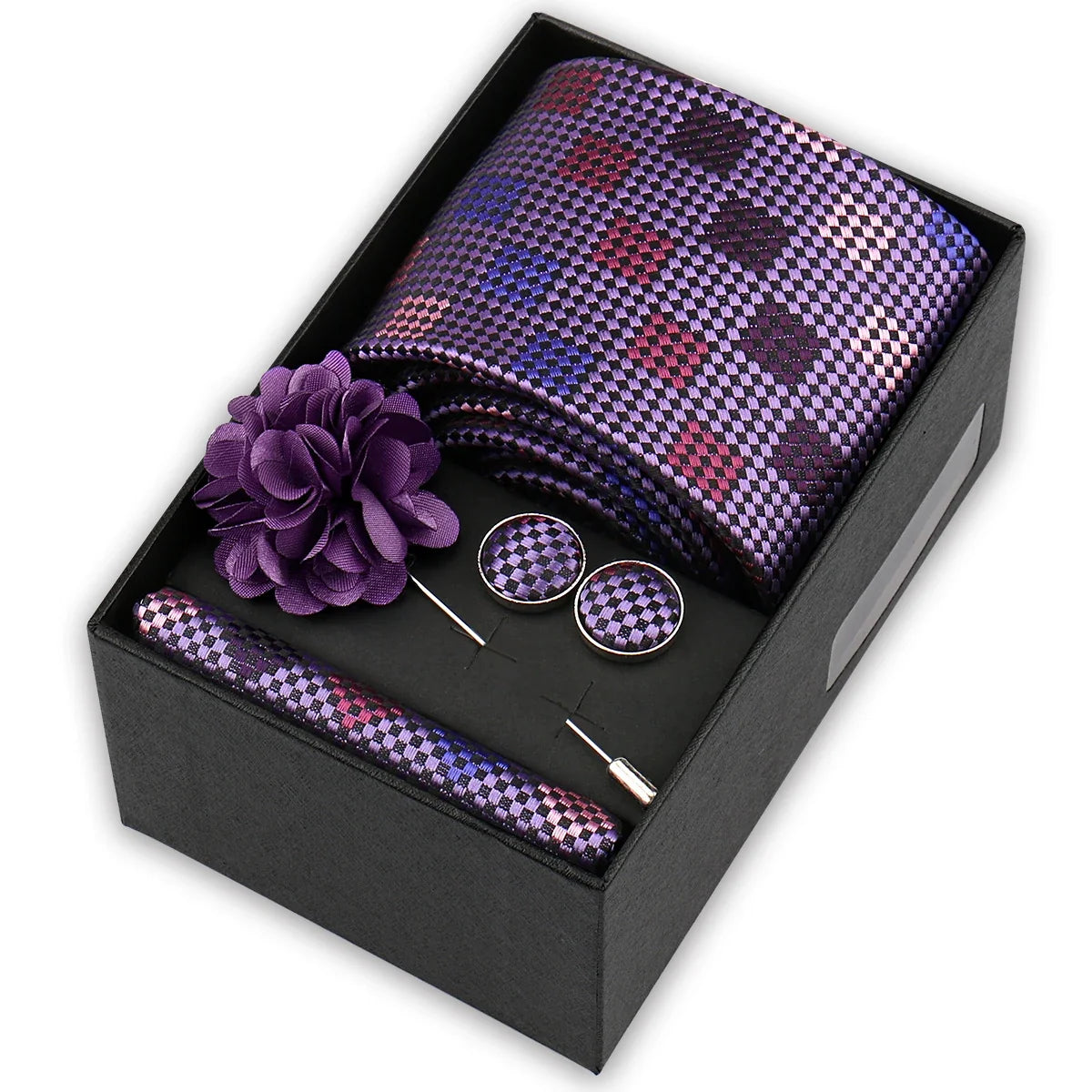 Men’s 4-Piece Tie Set Gift Box - Elegant Necktie with Handkerchief, Cufflinks & Brooch for Business, Wedding & Suit Accessories