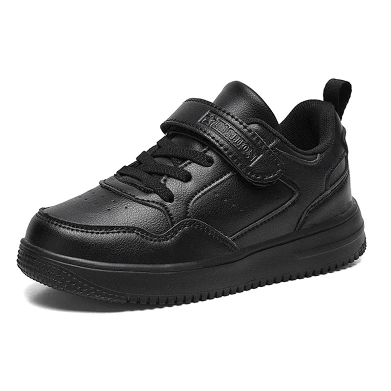 Kids' Black Leather Sneakers – Non-Slip Casual Walking & Tennis Shoes for Boys and Girls
