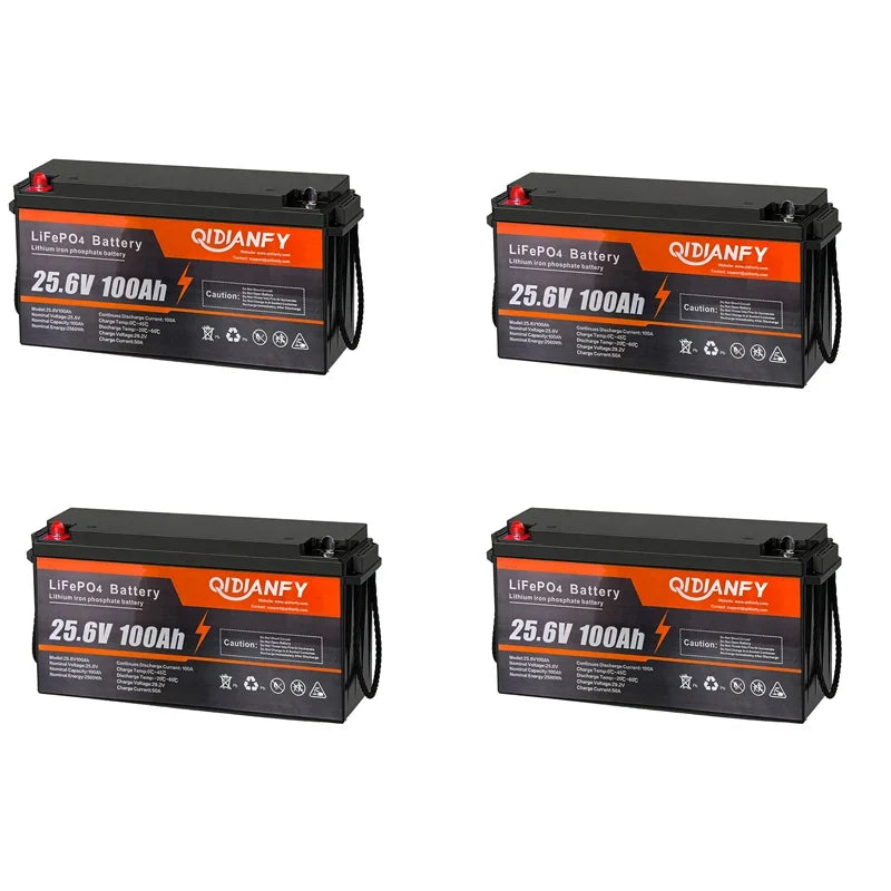 Qidianfy 25.6V 100Ah/200Ah LiFePO4 Battery - 100A Built-In BMS Deep Cycle Power for RV, Solar, Marine & Off-Grid Backup