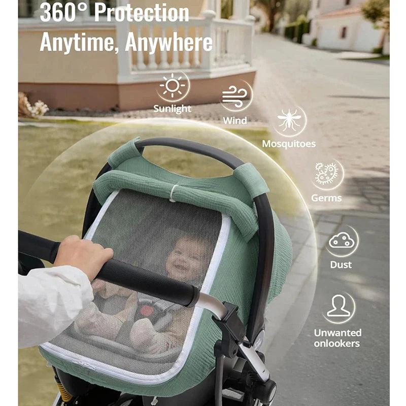 Baby Car Seat Cover – Breathable Muslin Cotton Canopy with Mesh Window, Infant Stroller Sun Shade & Carrier Protection Cover