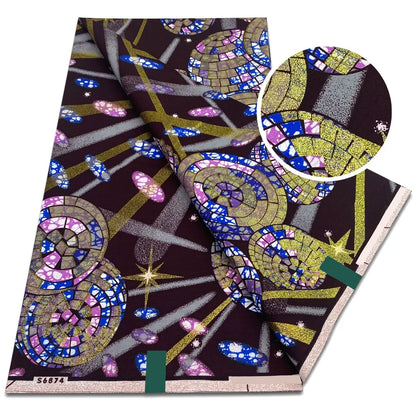 African Golden Glitter Wax Fabric - Soft Ankara Pagne Batik Gold Print Material for Women