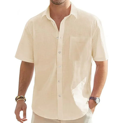 Men’s Cotton Linen Short Sleeve Shirt - Lightweight Casual Beach Vacation Button Top with Pocket
