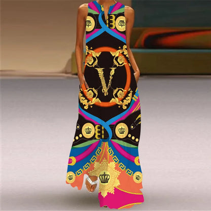 Vintage Boho Maxi Dress - Women's Summer V Neck Sleeveless Long Sundress with Pockets