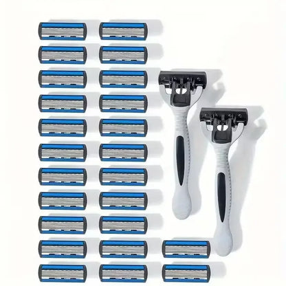 Men’s Manual Safety Razor - 6-Layer Stainless Steel Replaceable Blade Head for Smooth Grooming and Shaving