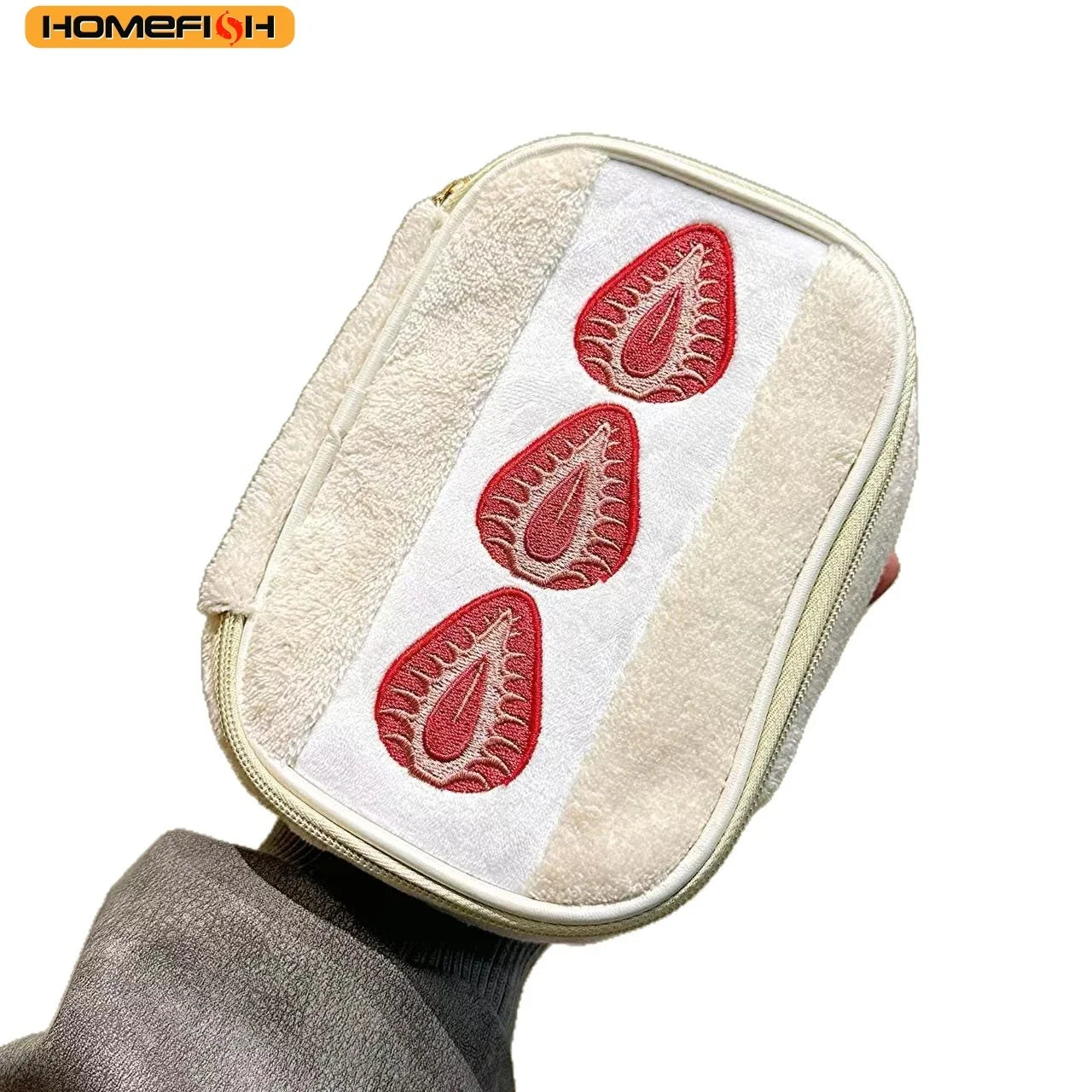 HOMEFISH Strawberry Plush Makeup Bag - Cute Embroidered Multi-Function Cosmetic Storage Pouch for Women