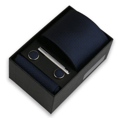 Men’s Fashion Tie Set Gift Box - 8cm Necktie with Handkerchief Cufflinks & Clip for Formal Business Suit Accessories