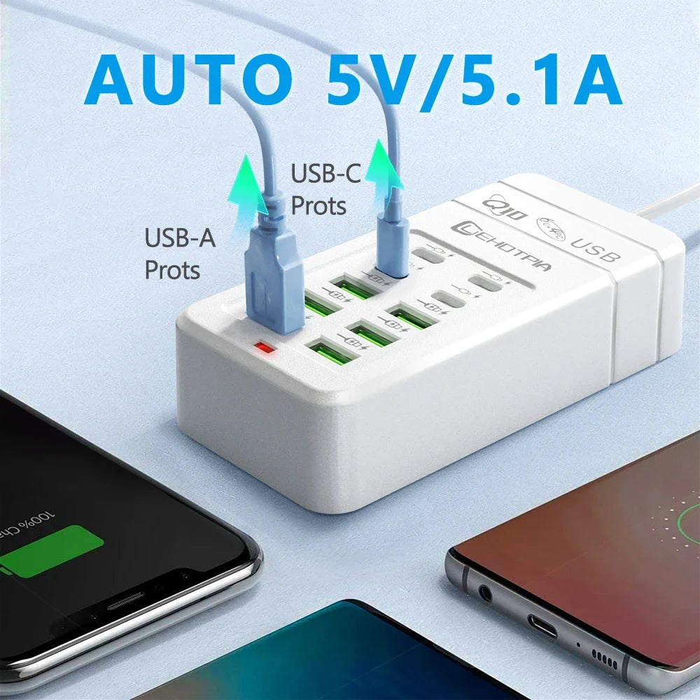 Multi-Port USB Fast Charger - EU UK US Plug 10-Port Power Adapter with 6 USB-A & 4 USB-C Ports Cable