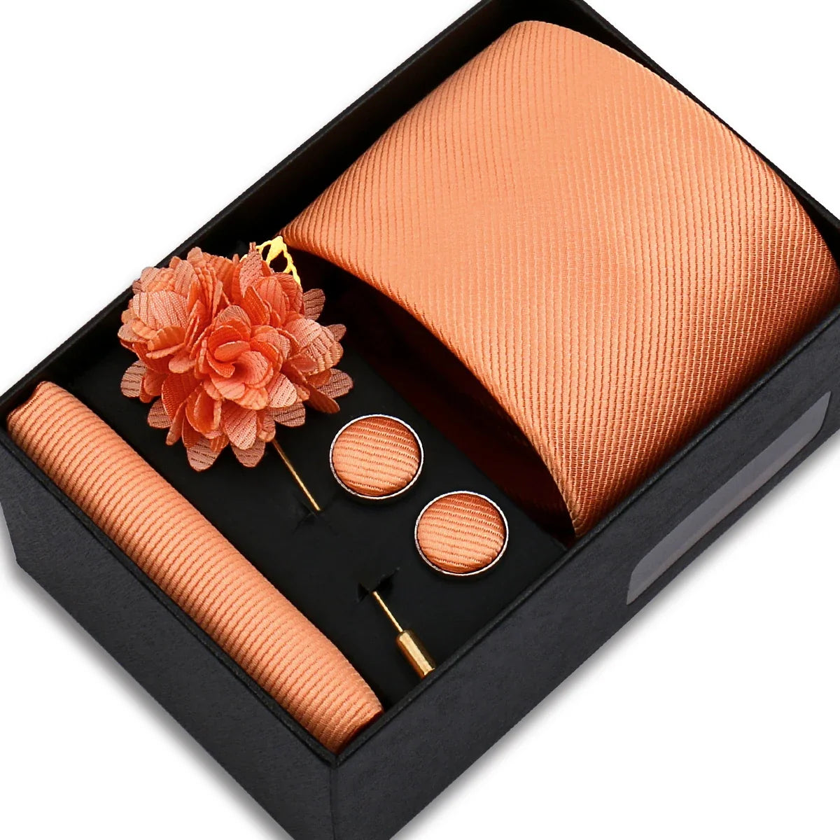 Men's Solid Color Tie Set - Jacquard Necktie, Hanky, Cufflinks & Brooch Gift Box for Weddings