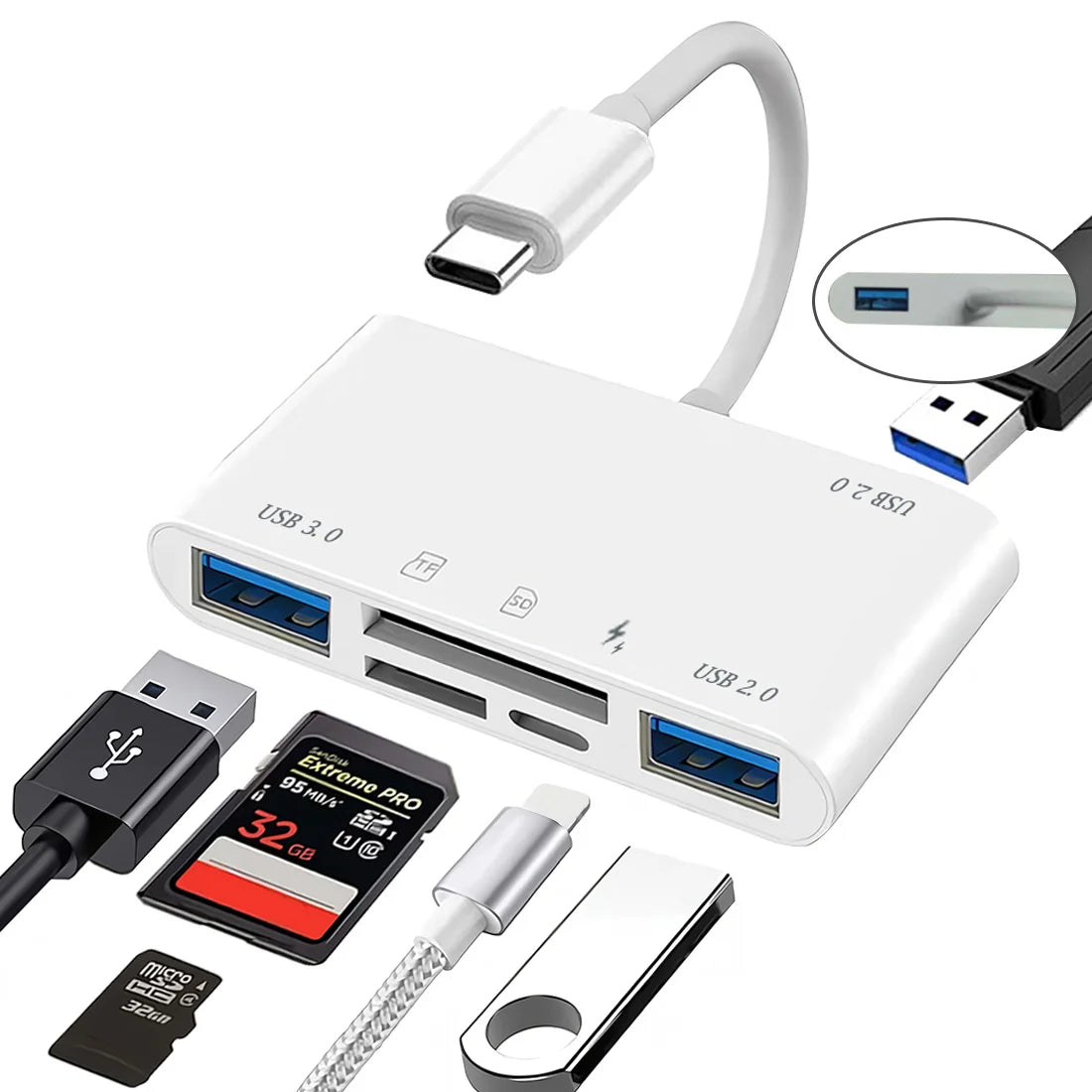 6-in-1 USB-C SD TF Card Reader Adapter with USB 3.0 OTG & 30W Fast Charging Port
