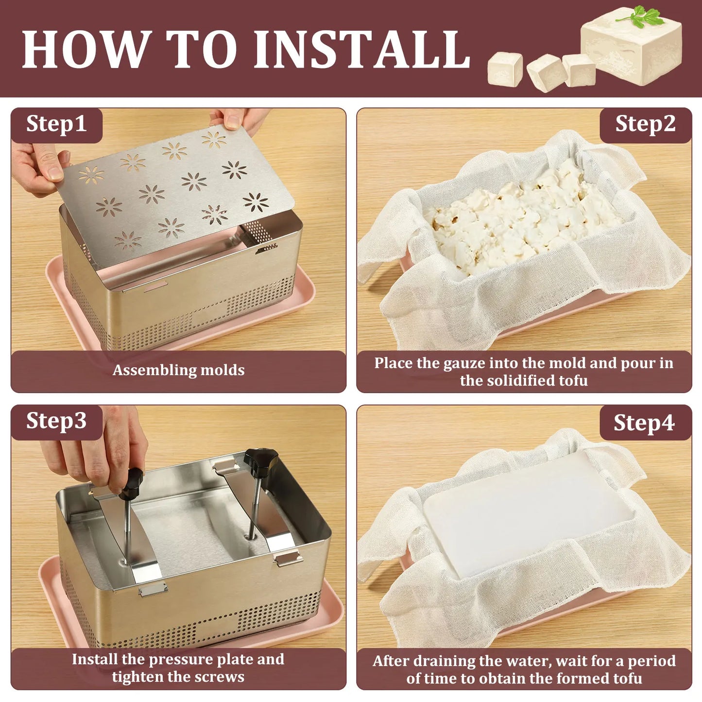 304 Stainless Steel Tofu Press Mold - Homemade Tofu & Cheese Making Kit with Trays and Filter Cloth