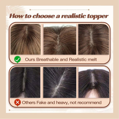 Straight Ombre Brown Remy Human Hair Topper – 100% Silk Base Clip-in Wig with Bangs, Hair Extension for Women