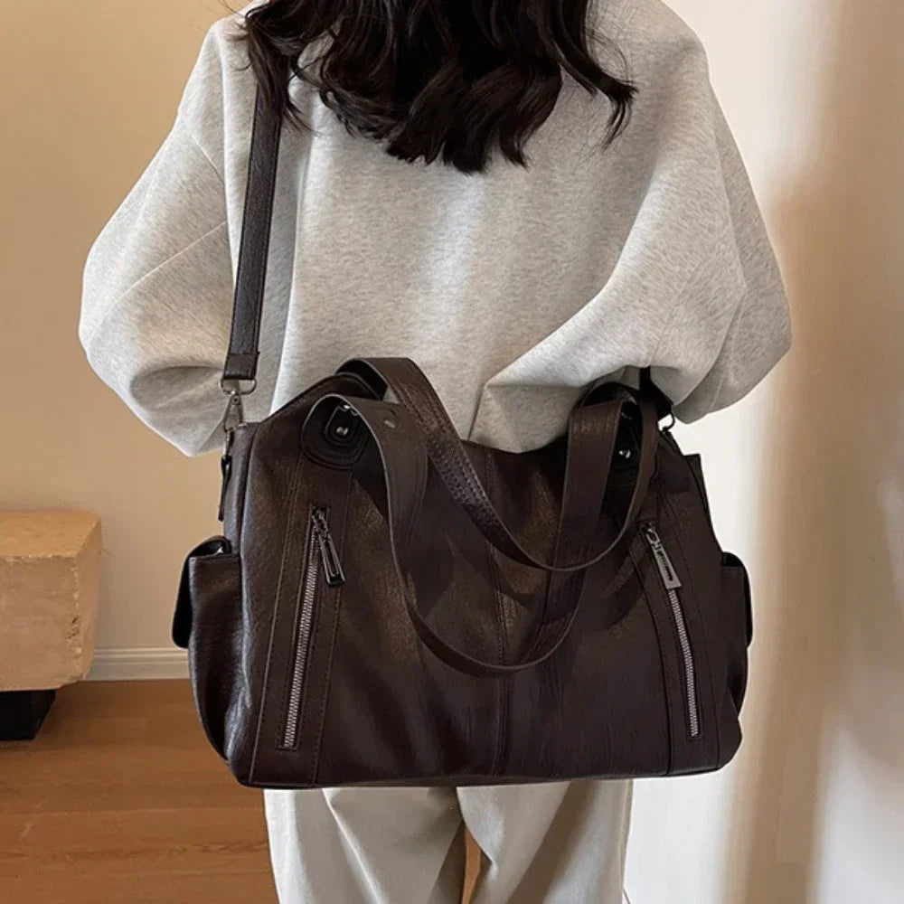 Women's PU Handbag - Soft Interior Compartment Shoulder Bag with Zipper & Contrasting Color Design