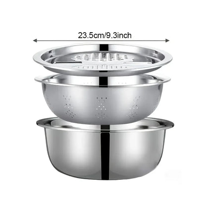 3-Piece Stainless Steel Kitchen Prep Set - Mixing Bowl & Multifunctional Vegetable Slicer for Fruits and Vegetables