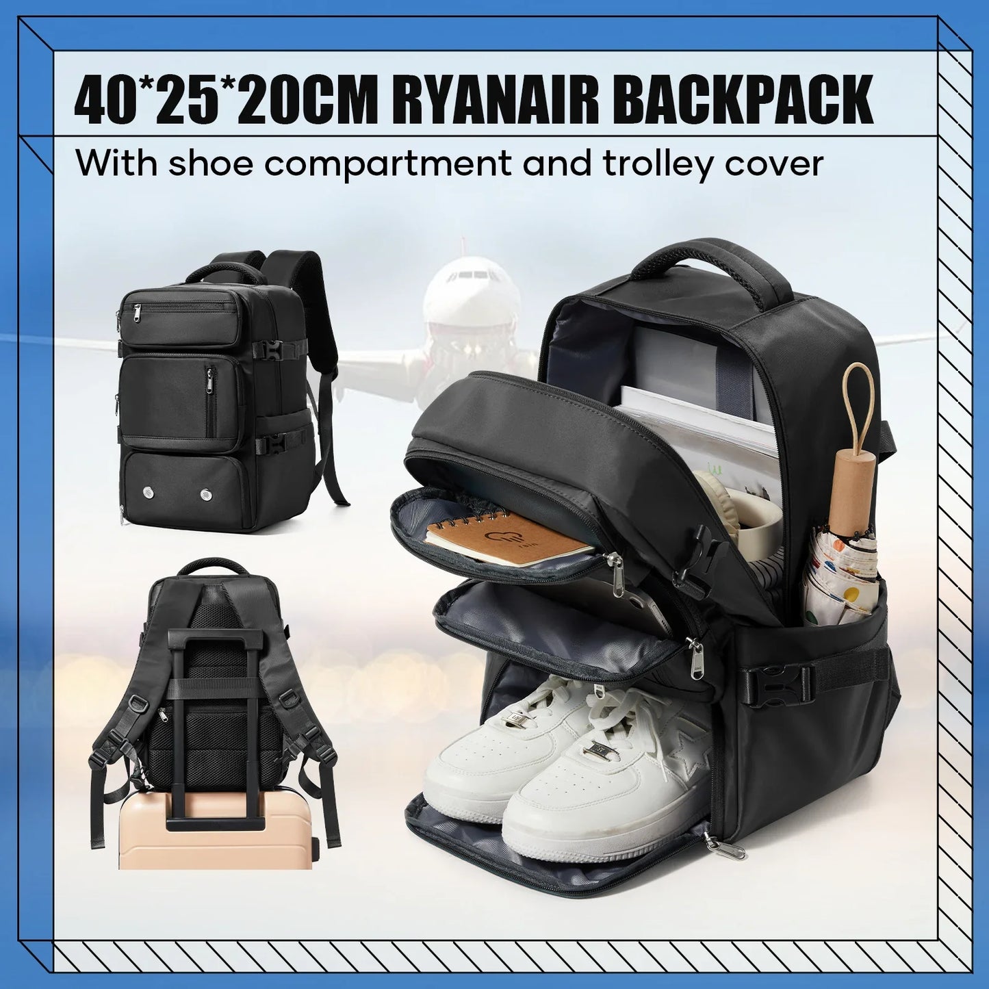 Travel Backpack 40x20x25cm – Airplane Cabin Bag, Anti-Theft Laptop Bag for Men & Women Sports & Trekking