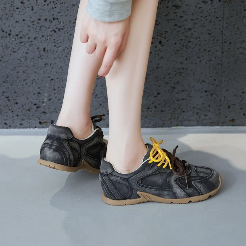 DIMANYU Women’s Genuine Leather Gump Shoes – 2025 Spring Retro Lace-Up Non-Slip Casual Sneakers