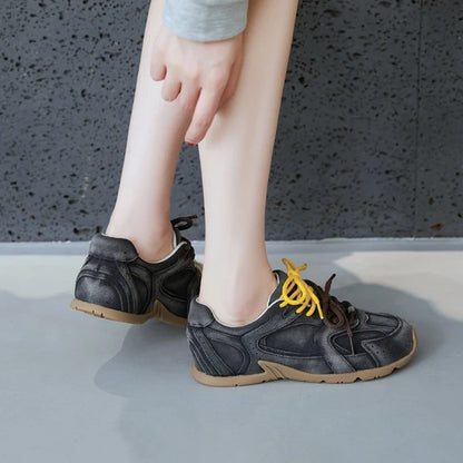 DIMANYU Women’s Genuine Leather Gump Shoes – 2025 Spring Retro Lace-Up Non-Slip Casual Sneakers