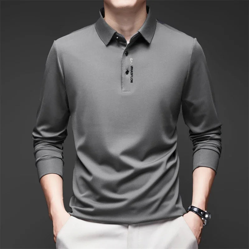 Men's Business Casual Polo Shirt - Long Sleeve Solid Color Top with Badge Detail