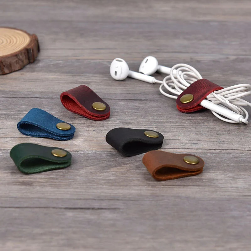 Earphone Wire Organizer – Genuine Leather Cable Winder & Cord Holder, Plug Bobbin Clip for Data Line Wrapping