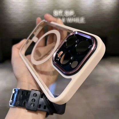 Luxury Magnetic Metal Lens Case – Hard Clear Protective Cover for iPhone 16, 15, 14, 13, 12, 11 Pro Max with Wireless Charging