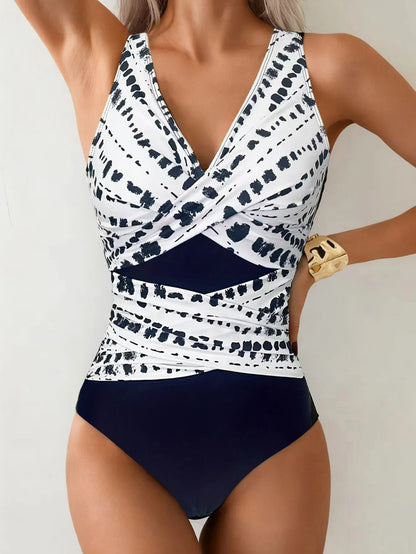 Patchwork Tummy Control Swimsuit - Women's Deep V Neck Cross One Piece Monokini Beach Bathing Suit