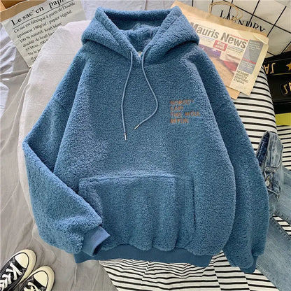 Women's Warm Fluffy Hoodie - Autumn Winter Lamb Wool Fleece Pullover Sweatshirt with Letter Print