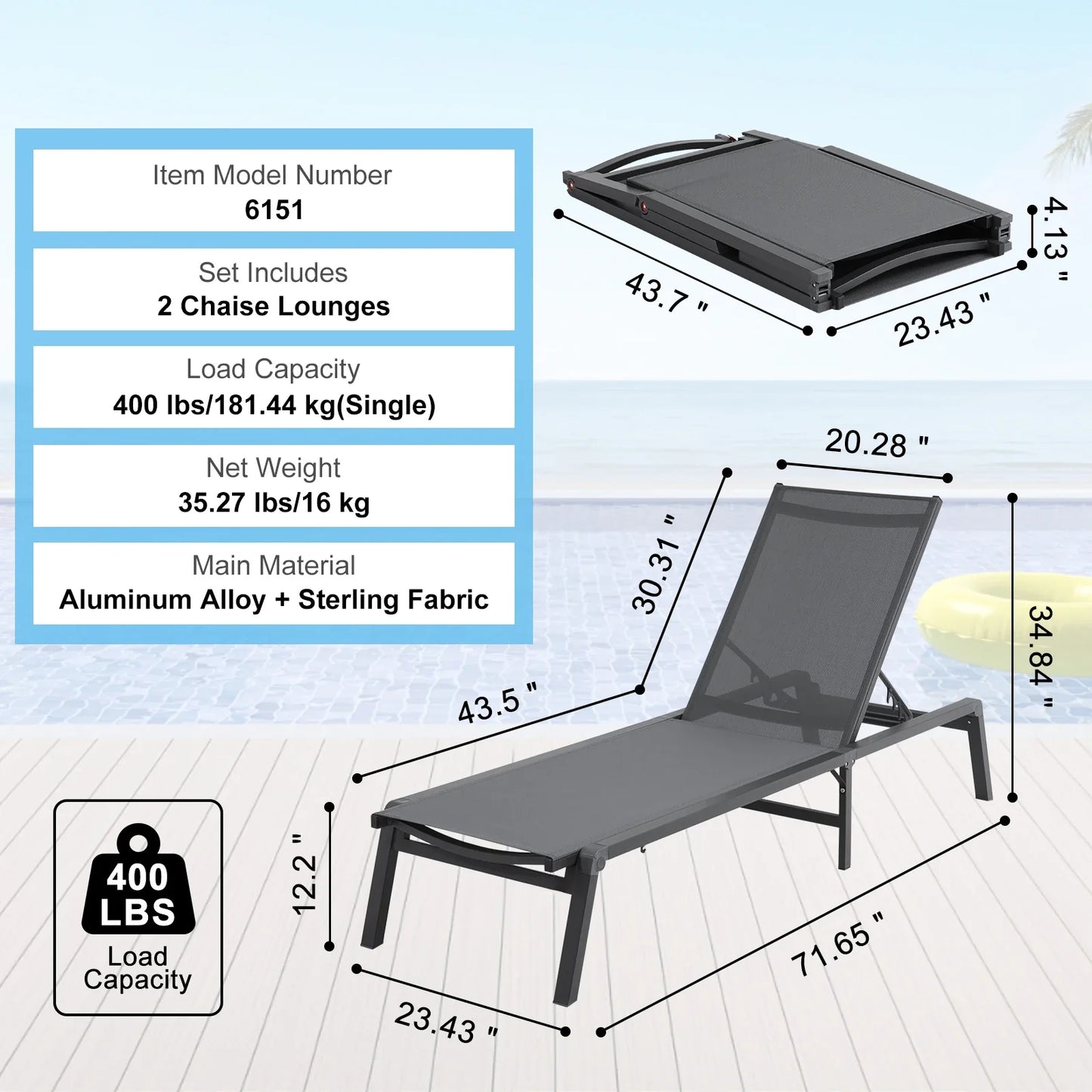 SucceBuy Outdoor Aluminum Chaise Lounge Chair — Folding Patio Pool Recliner, Full Flat Sun Lounger in Dark Grey