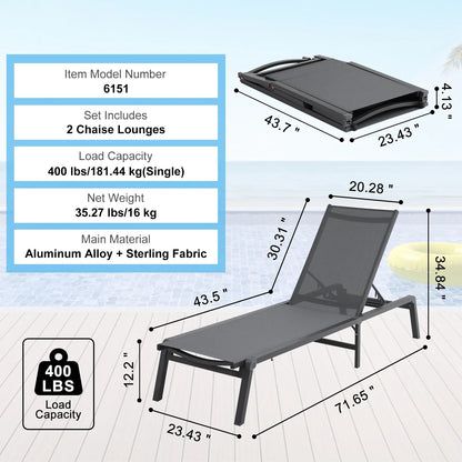 SucceBuy Outdoor Aluminum Chaise Lounge Chair — Folding Patio Pool Recliner, Full Flat Sun Lounger in Dark Grey
