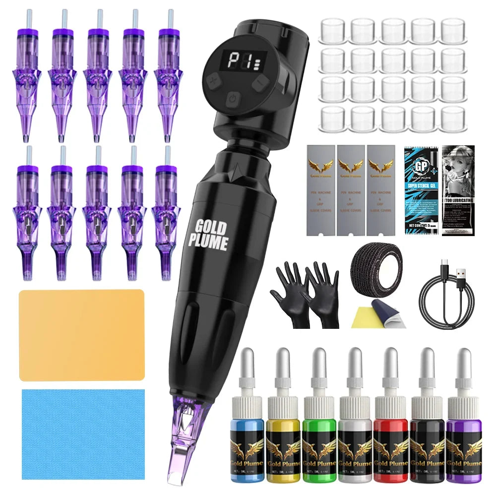 GOLDPLUME Wireless Tattoo Machine Kit - Black Rotary Pen with 10 Cartridges and Full Accessories for Artists