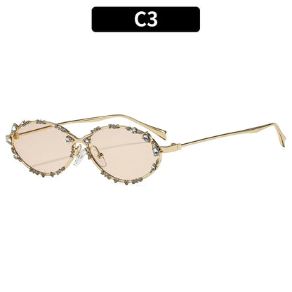 Luxury Diamond Oval Sunglasses - Rhinestone Metal Frame Fashion Eyewear for Men and Women Driving Style