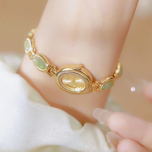 UTHAI Women's Luxury Watch – Retro Bracelet with Dongling Stone & Hotan Jade, Waterproof, Gift Chain Watch