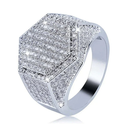 Hip Hop Iced Out Men Ring - Trendy Copper Pave CZ Geometry Jewelry with Bling Cubic Zirconia Design