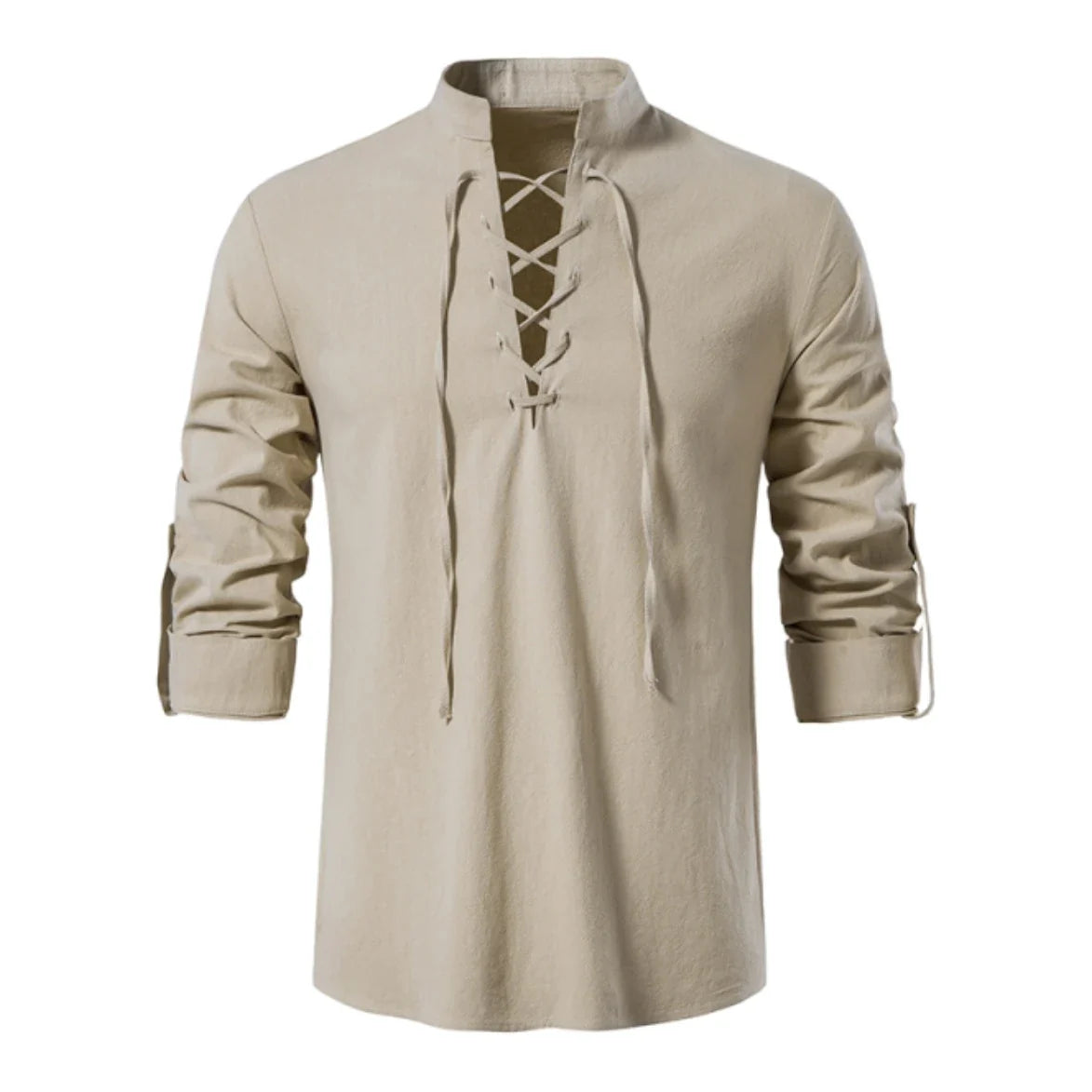 Men's Retro Linen Lace-Up Shirt - Long Sleeve Stand Collar Medieval Pirate Viking Renaissance Casual Top