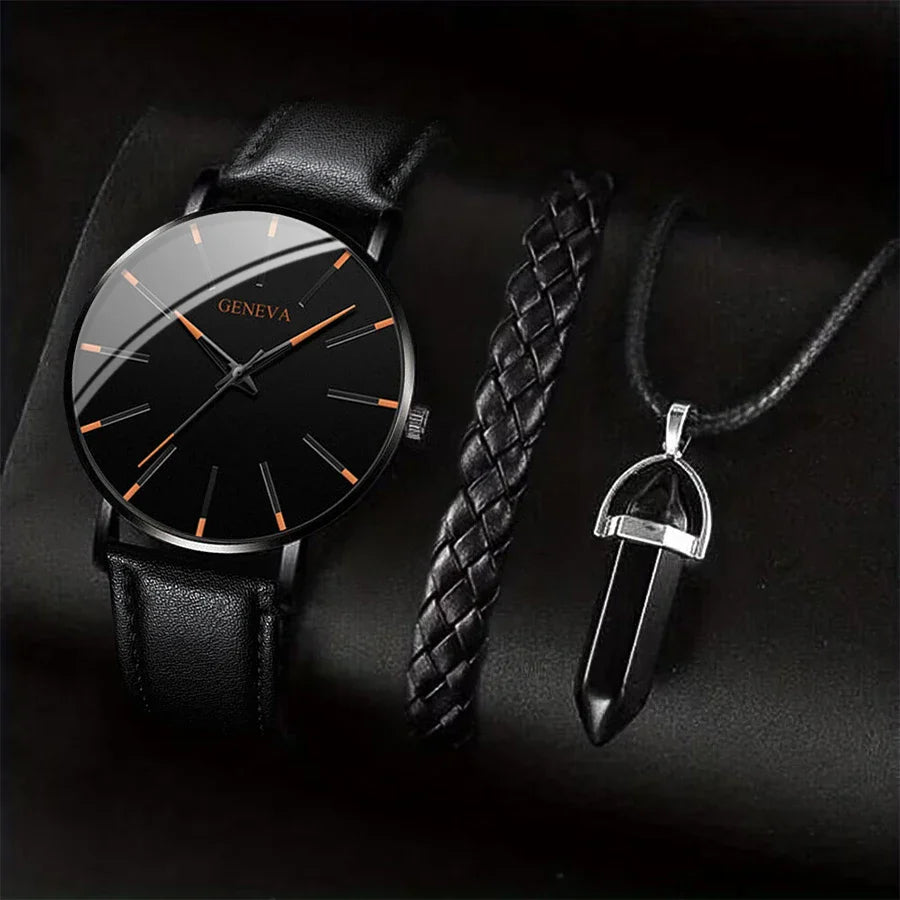 Men’s 3PCS Watch Set – Quartz Analog Business Watch with Leather Band, Necklace & Bracelet Gift Set