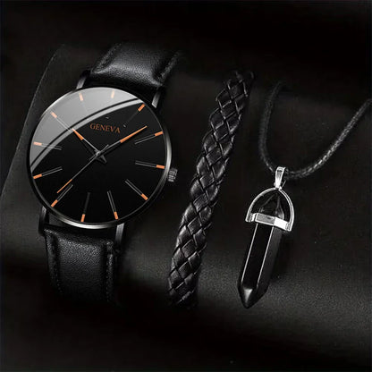 Men’s 3PCS Watch Set – Quartz Analog Business Watch with Leather Band, Necklace & Bracelet Gift Set