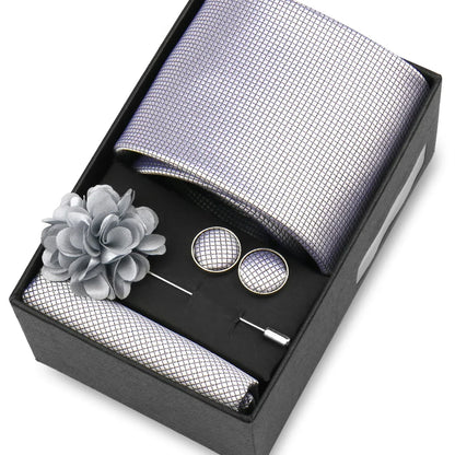Elegant Men’s Necktie Gift Set - Fashion Tie with Handkerchief, Cufflinks & Brooch Pin Accessories for Business & Wedding