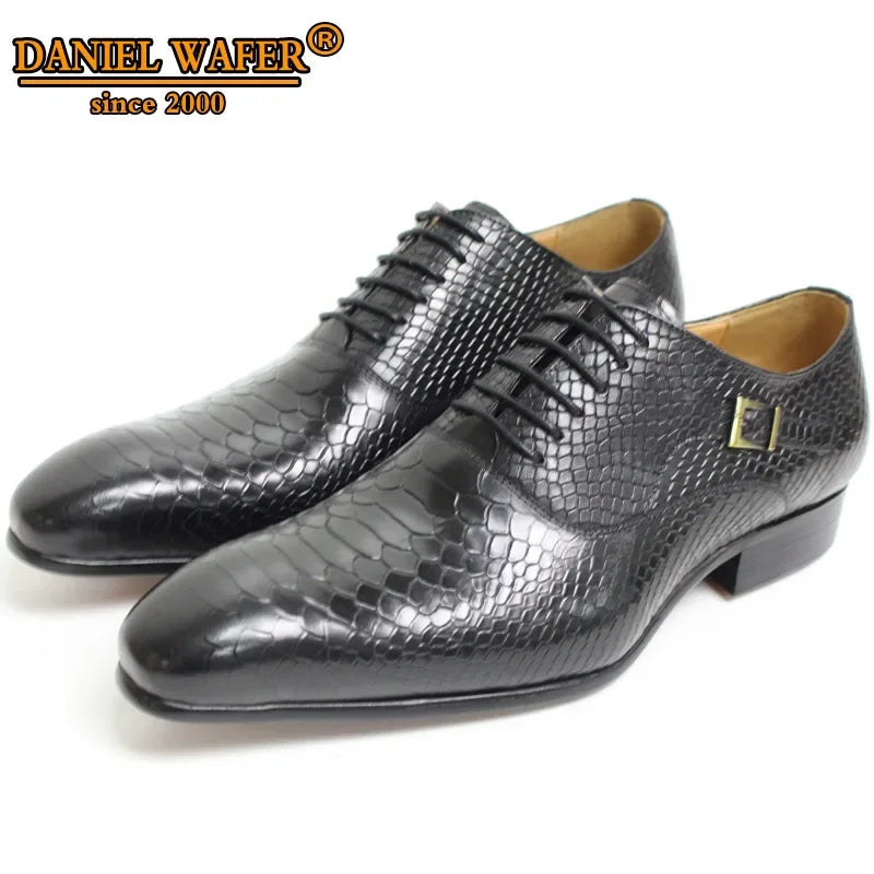 Men's Luxury Oxford Shoes - Snake Skin Print Leather Pointed Toe Lace-Up Formal Dress Shoes