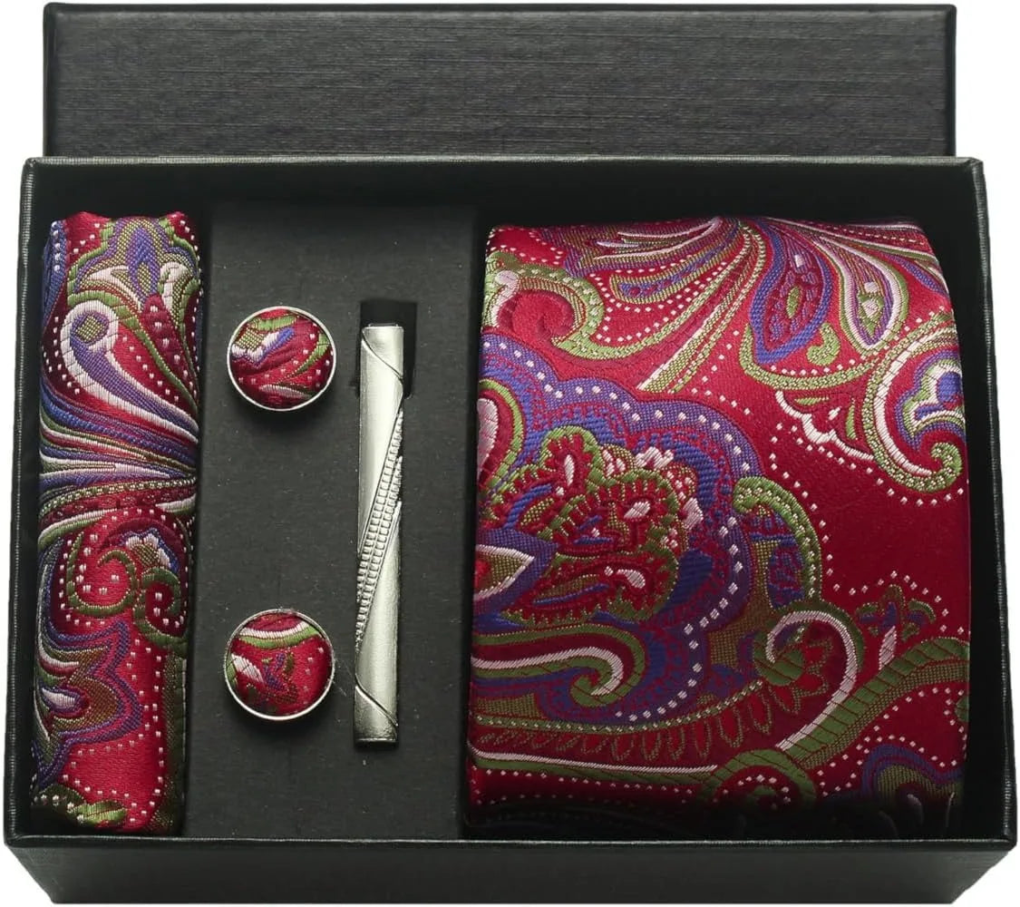 100% Silk Paisley Floral Necktie Set for Men - Premium Business Tie with Pocket Square Tie Clip Cufflinks Gift Box