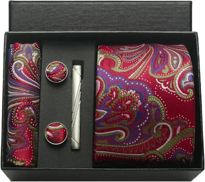 100% Silk Paisley Floral Necktie Set for Men - Premium Business Tie with Pocket Square Tie Clip Cufflinks Gift Box