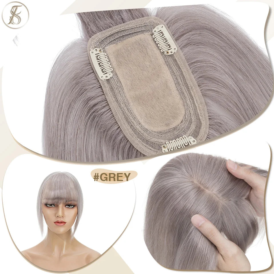 TESS Women Human Hair Topper With Bangs - 7x12.5cm Silk Base Clip In Hair Extension Natural Wigpiece
