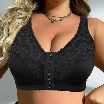 Plus Size Minimizer Bra - 5XL Wireless Front Closure Full Cup Floral Lace Support Bra