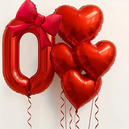 Red Heart Foil Balloons Set - 6PCS Birthday Wedding Anniversary Decoration with 32 Inch Numbers & Tassel Bows